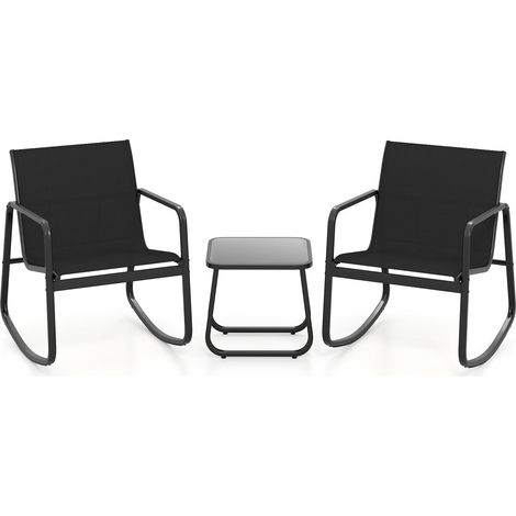 3 Pcs Garden Furniture Set in Metal + Textilene Rocking Chairs and Tempered Glass Table for 2 People Swimming Pool Balcony (1/5)