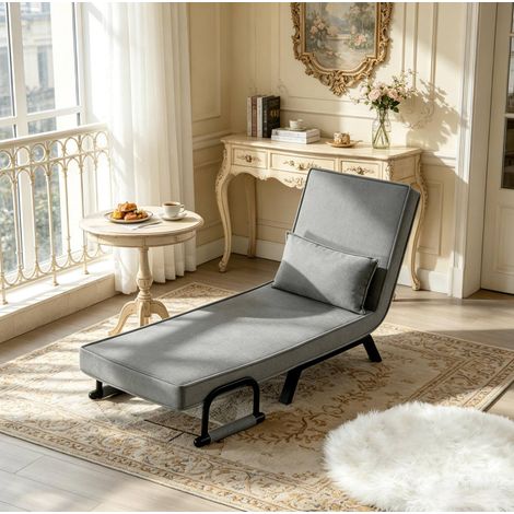 Poltrona letto 3 in 1 184x65x26 cm grigio in lino e metallo con schienale regolabile (1/5)