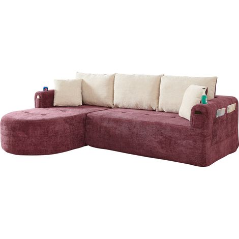 ELVMI Ecksofa in L mit Becherhalter aus Edelstahl, Seitentaschen und Kissen, aus Stoff, Rot (1/4)
