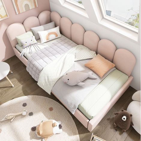 Cama daybed moderna 90x200 cm de terciopelo rosa con cabecero, 2 cajones y somier de láminas (1/5)