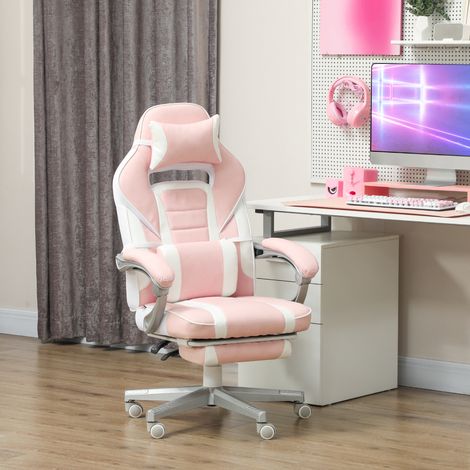 Gamingstuhl mit Fußstütze, Kopf- & Lendenkissen, drehbar, höhenverstellbar, Rosa