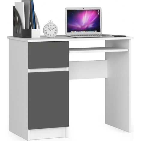Escritorio de ordenador AKORD PIKSEL Blanco 90 cm con lado izquierdo 1 puerta 1 cajón frente en color Grafito Gris 3 estantes 90x50x77 cm (1/4)