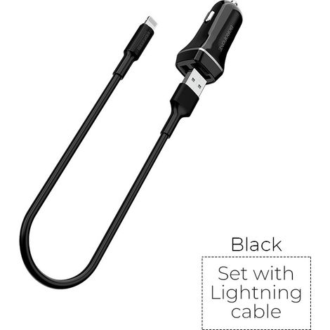 Chargeur de Voiture - BOROFONE - 2 Ports USB - Câble Lightning - Polycarbonate Durable - Noir (1/3)
