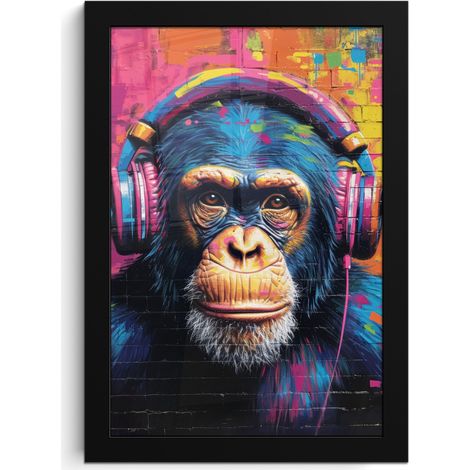 Framed Poster Graffiti - Chimpanzee - Street art - Headphones - Monkey 20x30 cm (1/5)