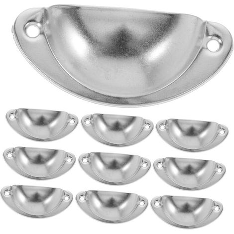 Ein Set aus 10 silberfarbenen, muschelförmigen Eisengriffen – Abmessungen: 81 x 35 mm – Lochabstand: 65 mm – inklusive 20 Schrauben. (1/5)