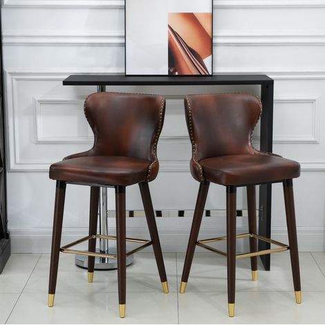 Juego de 2 taburetes de bar estilo retro con respaldo bajo, reposapiés, madera y marrón (1/5)
