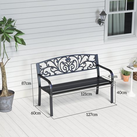 Metallgartenbank, Blumendesign, 2-Sitzer, 240 kg Tragkraft, Stahl, 127L x 60B x 87H cm, Schwarz (1/5)