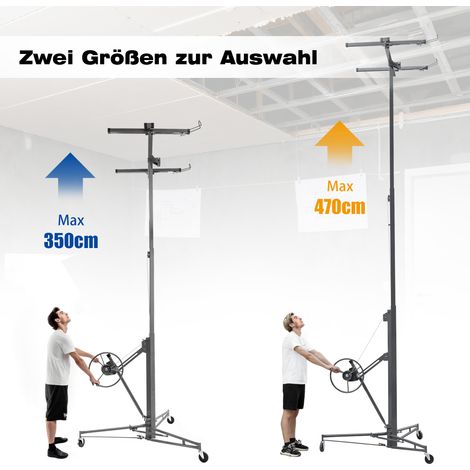 Lève-plaque de plâtre repliable, charge max 68 kg, hauteur ajustable 180-470 cm, 3 roulettes freinées, inclinaison 60°, gris, pour montage cloison. (1/5)