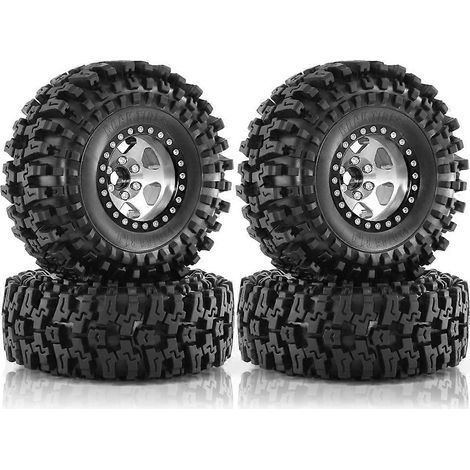 Ensemble de 4 jantes Beadlock en métal de 98 mm (1,9 pouce) avec pneus en caoutchouc pour voiture RC Crawler 1/10 TRX4 D90 D110 Axial SCX10, argent (1/5)