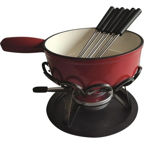 Appareil à fondue 24 cm rouge – Réchaud en fer forgé – 6 fourchettes – Brûleur à gel combustible
