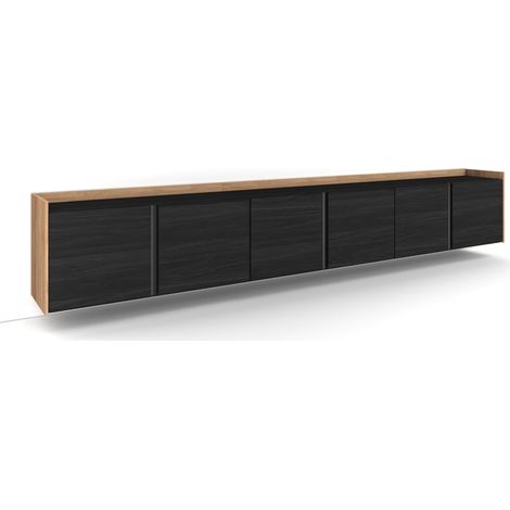 Skraut Home - Meuble TV, Banc Télé, Grand espace de Rangement, 309x35x50 cm, Pour les TV jusqu'à 80", Suspendu, Mural, Style moderne, Noir et chêne (1/5)