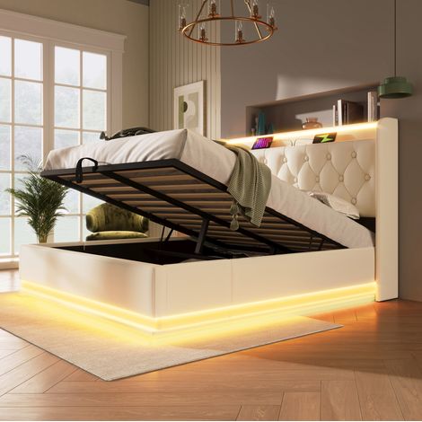 MEUBLIV Lit coffre double avec éclairage led 360 degrés tête de lit capitonnée avec ports usb et usb c blanc 140 x 200 cm en faux cuir (1/5)