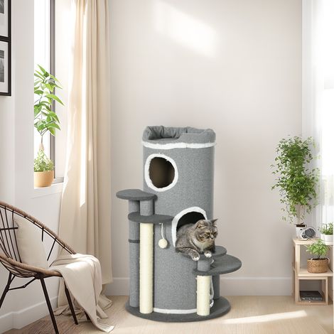 Albero tiragraffi per gatti 99 cm con nicchia, piattaforme e pallina sospesa grigio HAVRYA (1/5)