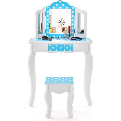 COSTWAY 2 en 1 Coiffeuse Enfants Fille avec Miroir Amovible à 3 Volets & Tabouret, Table de Maquillage avec Tiroir & Dispositif Anti-Basculement, Charge 50kg pour Enfants de 3-7 Ans (1/5)