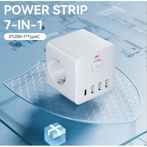 ORION91oficial® 7-in-1 Plug Extension with Surge Protection, featuring 3 AC outlets, 3 USB ports, and 1 Type-C for quick charging, made from durable PP/Plastic. Perfect multi socket solution for your (1/5)
