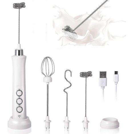 Mousseur à lait portable, fouet électrique rechargeable USB à 3 vitesses, mini mousseur, avec 3 fouets en acier inoxydable, idéal pour le café Bulletproof, les lattes et les cappuccinos blancs. (1/5)