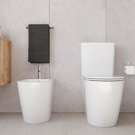 Coppia di sanitari filomuro h44 5cm vaso monoblocco tornado e bidet bianco lucido Europa Comfort