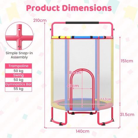 Trampoline enfant 6 en 1 multicolore avec filet de sécurité, balançoire, panier de basket et cadre galvanisé pour jardin (1/5)