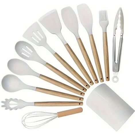 Set di 11 utensili da cucina in silicone antiaderente con manici in legno Resistenti al calore, con tubo per la conservazione Antiaderenti, senza BPA, facili da pulire - Bianco (1/5)