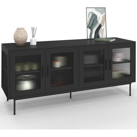 Sideboard 140 cm ZINEB 4 Glastüren geriffelte Front schwarz