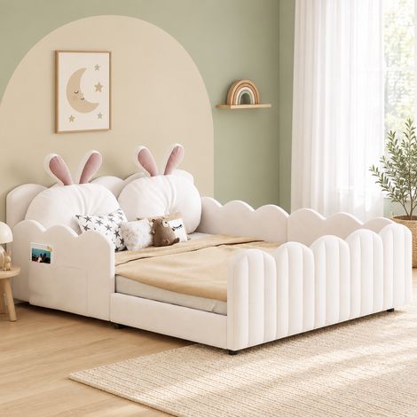Lit Enfant au Sol 140x200 cm Rembourré en Velours Beige, Barrières de Sécurité, Coussin en Forme de Lapin, Sommier à Lattes (1/5)