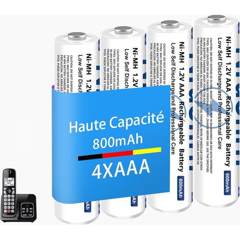 Lot de 4 Piles Rechargeables AAA NiMH 800 mAh, 1,2 V pour Téléphone, AAA Batteries pour Téléphones sans Fil, Puissance Longue durée - 2000 Cycles (1/5)