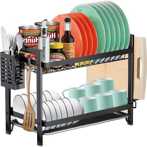 Égouttoir de cuisine double couche en acier inoxydable, avec égouttoir et porte-couverts, grande capacité, noir.-AquaForge (1/5)
