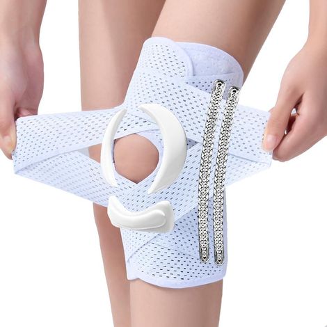 Genouillère ultra respirante avec stabilisateurs latéraux, pour déchirure du ménisque, douleurs au genou, arthrite, blessures au LCA et LCM, soutien ajustable pour hommes et femmes, L : 41-46cm, blanc (1/4)