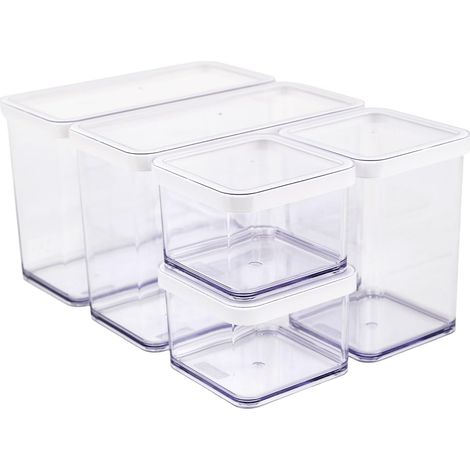 Ensemble de 5 Boîtes de Rangement avec Couvercle de Différentes Tailles, Plastique (PP) sans BPA, Transparent / Blanc, 2 X 2,1L, 1 X 1,0L, 2 X 0,5 l (30,0 X 21,0 X 15,0 cm) (1/5)