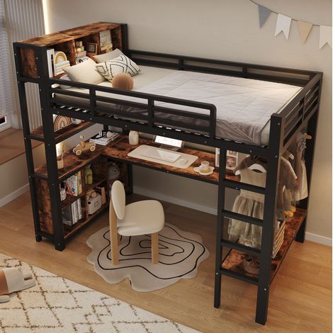Hochbett 90 x 200 cm mit Schreibtisch, Kleiderschrank und Stauraum, schwarz HAVRYA (1/5)
