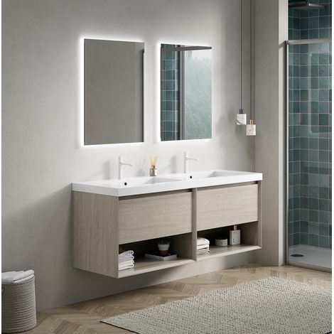 Mobile bagno sospeso con lavabo integrato in resina, chiusura ammortizzata, ripiani aperti, rovere chiaro e bianco (1/5)