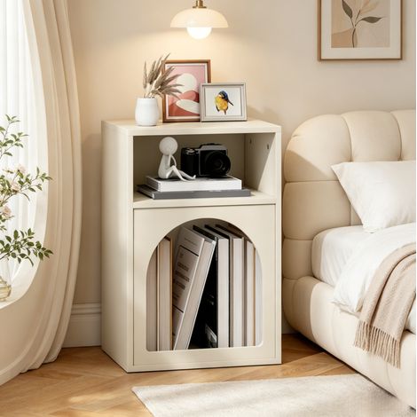 Table de chevet 40x30x60 cm en MDF crème, 2 niches ouvertes, gain de place pour chambre – MEUBLIV (1/5)
