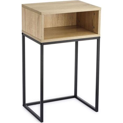 Table de chevet - JUANIO - 40x30x68 cm - Effet bois - Structure métallique noire - 1 compartiment ouvert (1/3)