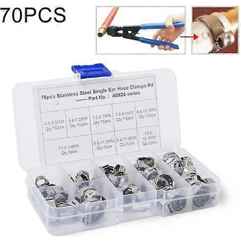 70 PCS Adjustable Single Ear Plus Stainless Steel Hydraulic Hose Clamps O-Clips Pipe Fuel Air, Inside Diameter Range: 5.3-14mm
