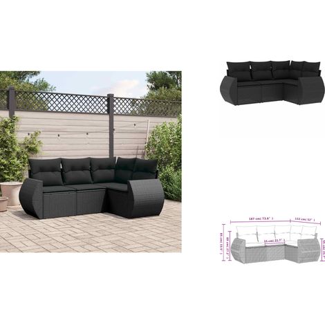 The Living Store Salon de jardin 4 pcs avec coussins noir résine tressée - Canapé avec accoudoirs (1/3)