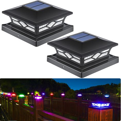 Lot de 2 lampes solaires pour poteau de clôture, lumière RVB à couleur changeante pour poteau de pont en bois ou vinyle 4 x 4/6x 6 (1/5)