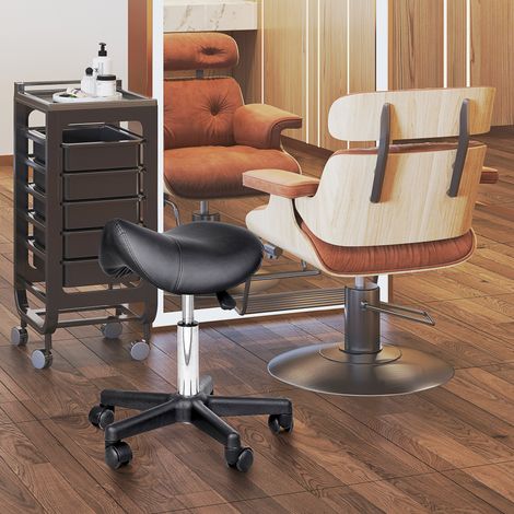 Tabouret ergonomique en similicuir noir avec roulettes, pivotant 360°, hauteur réglable 45-55 cm, base en acier (1/5)