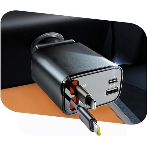 Rétractable Chargeur Voiture, 69W 4 en 1 Chargeur Rapide QC3.0&PD Prise Adaptateur USB Chargeur Telephone avec LED Voltmètre pour iPhone 17 16 Pro Max, Android, Samsung (1/5)