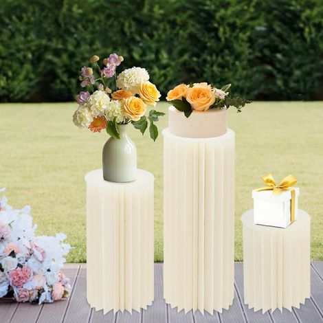 Lot de 3 vases en carton de mariage - Colonne de fleurs pliable en carton - Présentoir de colonnes avec plaques en PVC - Support de fleurs pliable - Colonne décorative pour mariage, fête, jardin (1/5)
