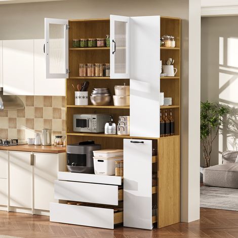 DESMIU Armoire de rangement avec 2 tiroirs, étagères coulissantes et portes vitrées, pour cuisine et salle à manger, 100 × 40 × 200 cm (1/5)