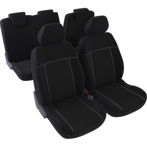 Jeu complet de housses de sièges - Universelles - Voiture/Auto - Arrière 2/3-1/3 - Tissu noir avec surpiqure blanche (1/5)