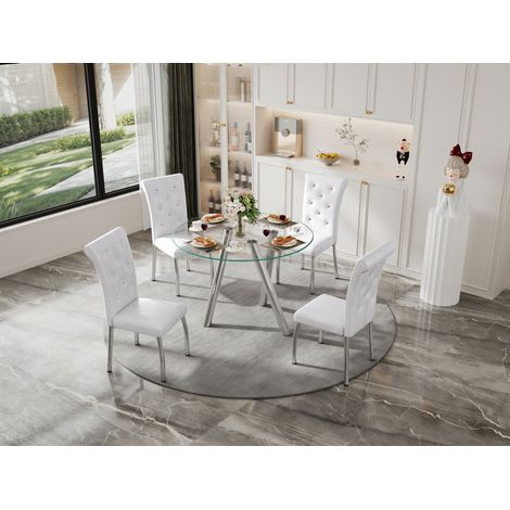 Ensemble de salle à manger avec table ronde en bois extensible et 6 chaises de salle à manger blanches, ensemble de cuisine gain de place en similicuir avec capitonnage à boutons et pieds en métal pou (1/5)