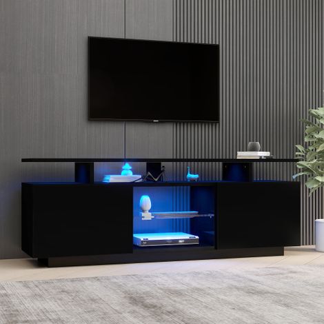 Meuble TV noire - meuble tv LED 16 couleurs avec porte vitrée brillante - 140x35x55 cm (1/5)