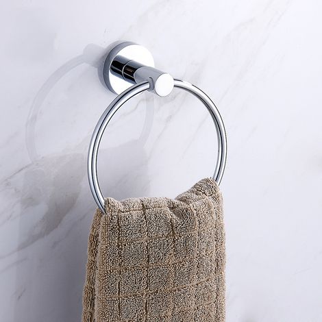 Porte-serviette rond mural inox brossé, anneau chromé pour salle de bain (1/5)