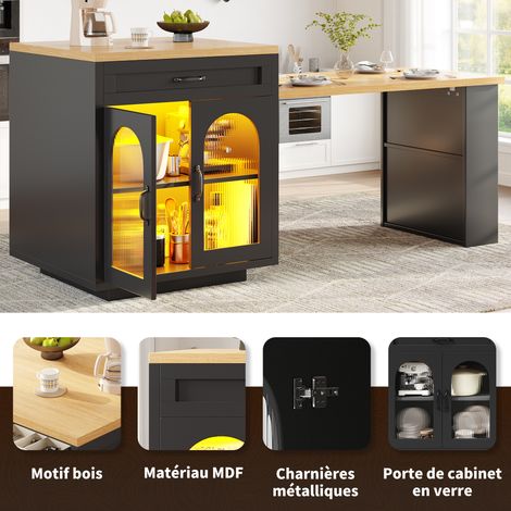 Îlot de cuisine extensible, avec éclairage LED. Compartiment de cuisine moderne, doté de 2 tiroirs et d’étagères réglables. Meuble de rangement avec des portes en verre à flèches (1/5)