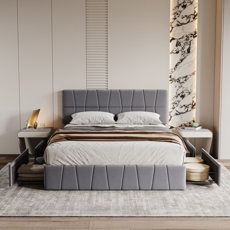 JOOKGBD‑Letto contenitore matrimoniale 160x200cm in velluto grigio con 4 grandi cassetti metallici scorrevoli, testiera imbottita, sommier a doghe, telaio rinforzato per camera adulti (1/5)