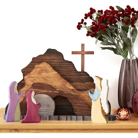 Décoration de Pâques : Tombeau vide - Figurine en bois représentant la scène de la Résurrection pour la célébration de Pâques, décoration religieuse (1/5)