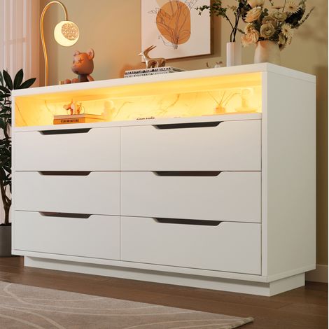 Credenza 120x40x85 cm bianca in pannello truciolare con LED, 6 cassetti e vano aperto effetto marmo (1/5)