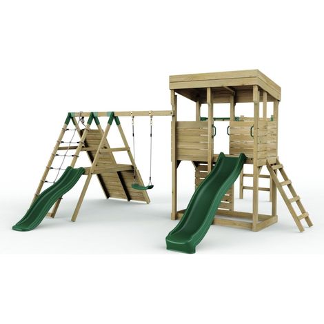 XL Lookout Tower Playhouse with Single Swing and Monkey Bars plus Climbing Wall and Slides