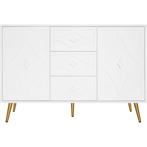 CAIziBuffet élégant à motif losange – meuble blanc avec 3 tiroirs et 2 portes, pieds dorés, 120×40×80 cm, design moderne pour salon, entrée ou chambre